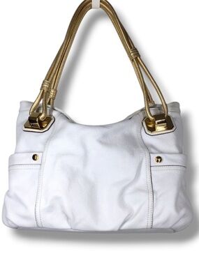 B. Makowsky Genuine White Pebbled Leather Gold Accents Luxury Couture Purse NWOT